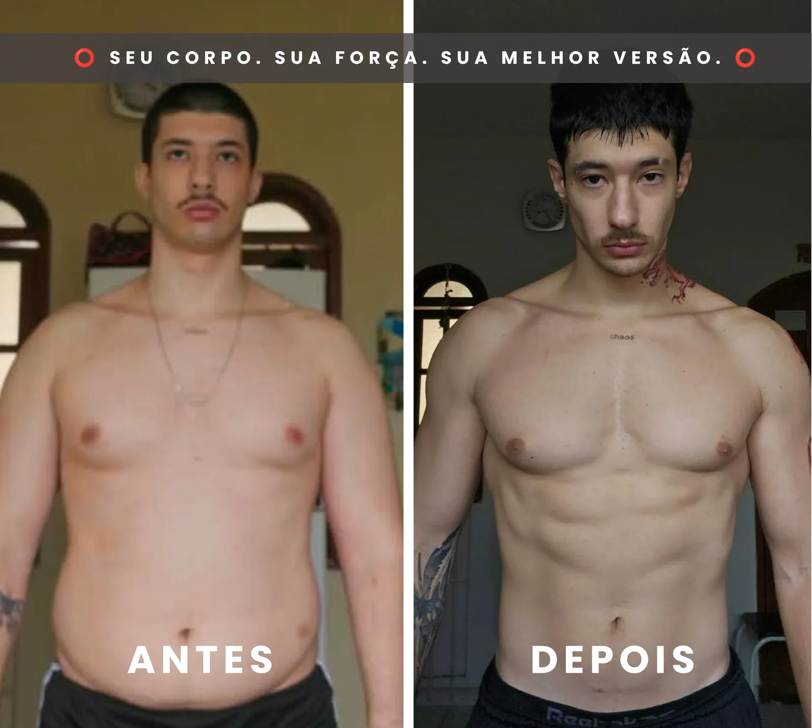 Antes e depois: aluno perdeu gordura abdominal e ganhou definição no peitoral e no abdômen