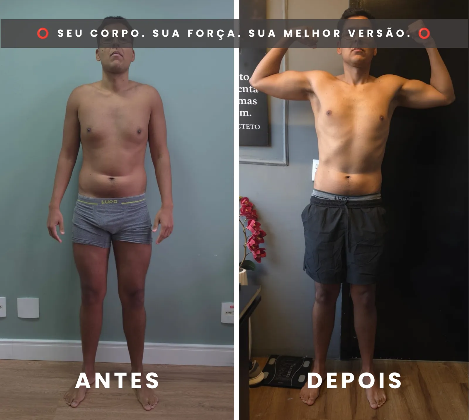 Antes e depois: aluno com ganho de massa muscular nos ombros e braços