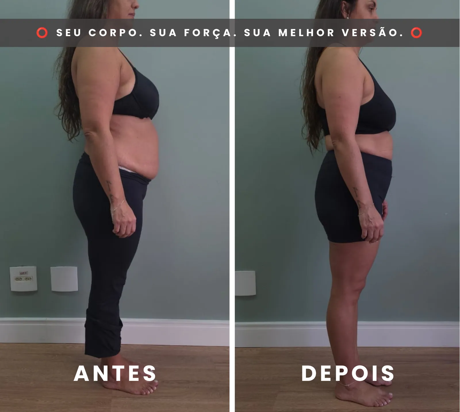 Antes e depois de perfil: aluna com redução visível de abdômen e cintura