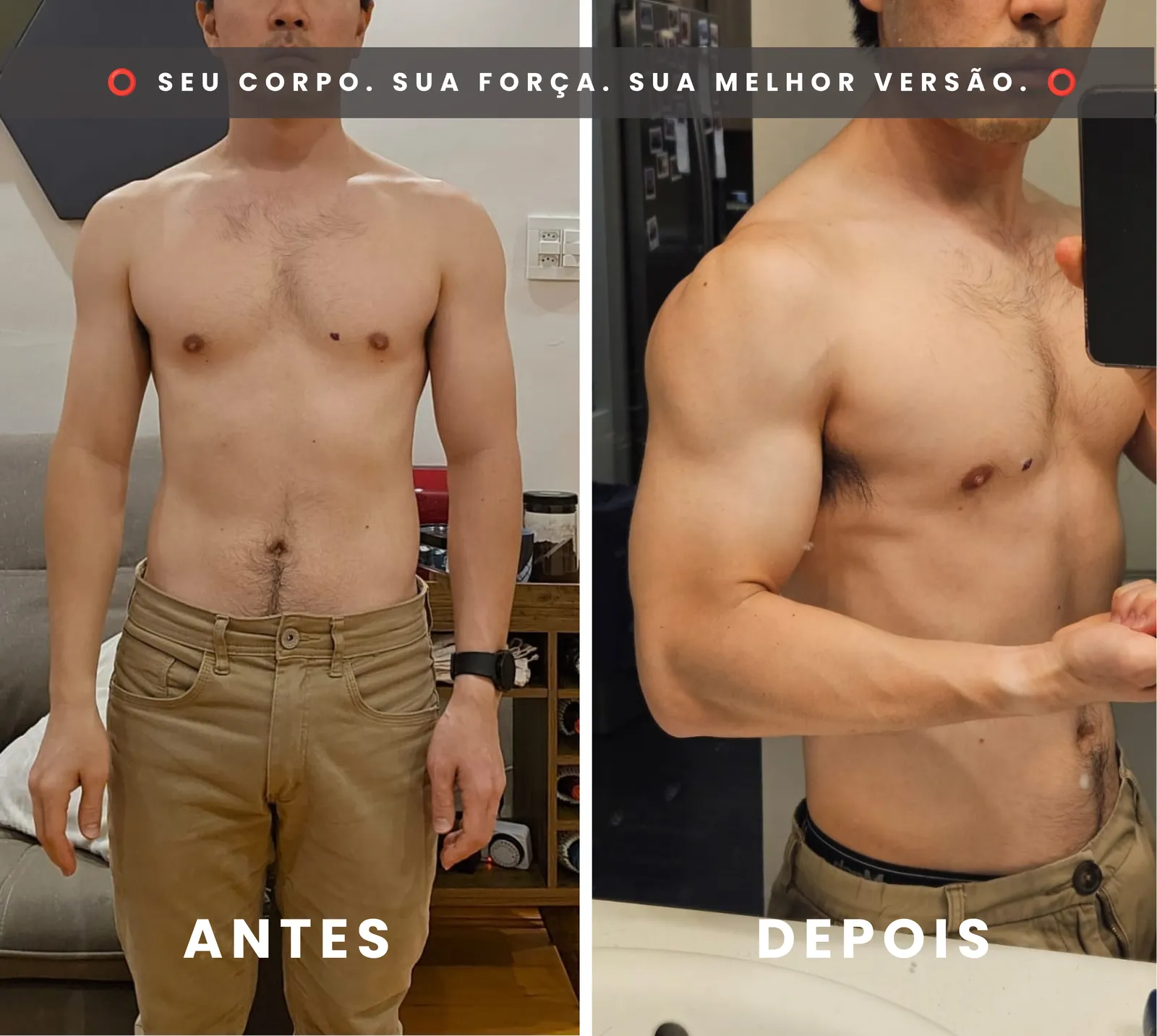 Antes e depois: aluno com ganho de massa muscular no braço e no peitoral