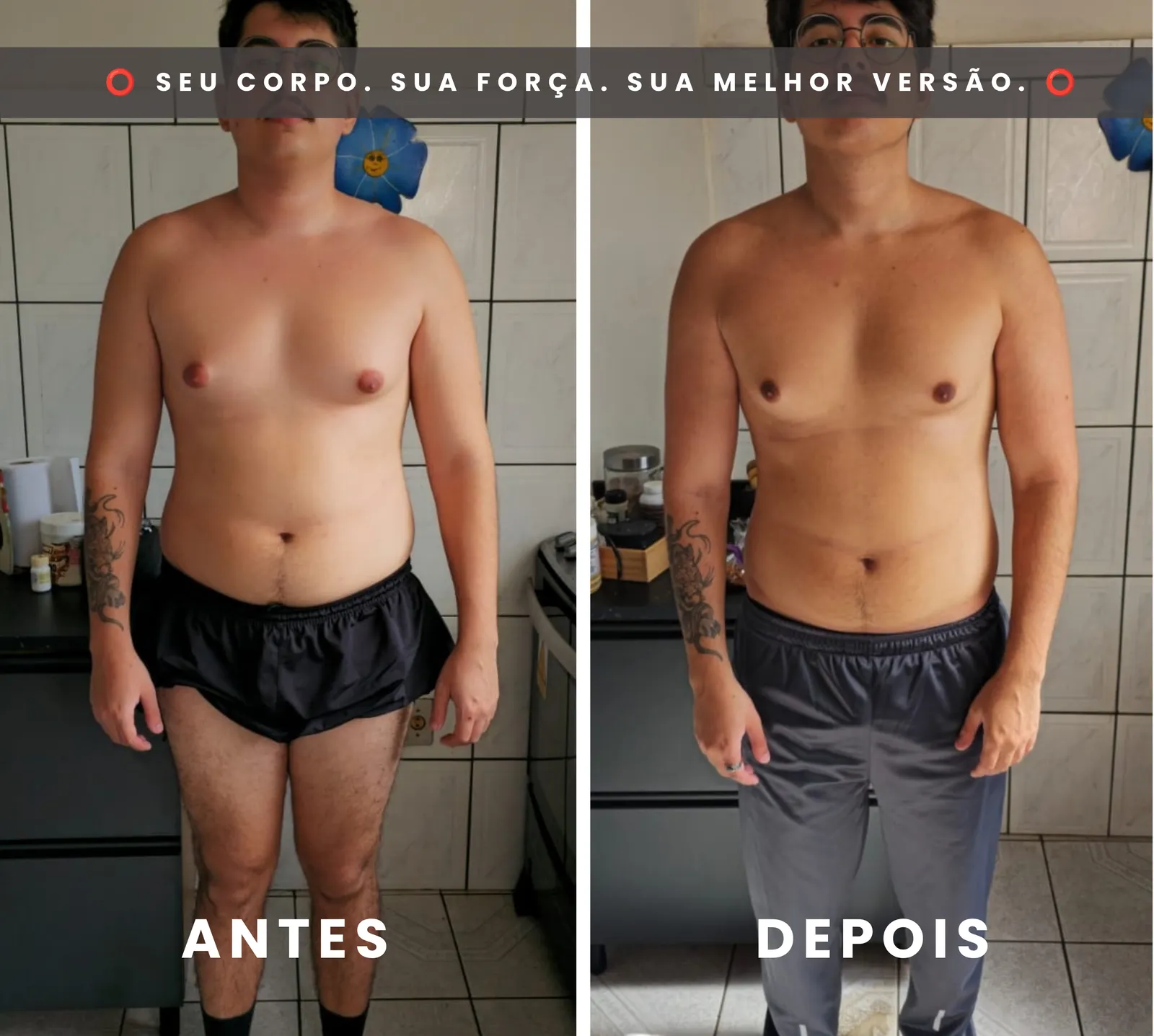 Antes e depois: aluno com redução de gordura no abdômen e no peito